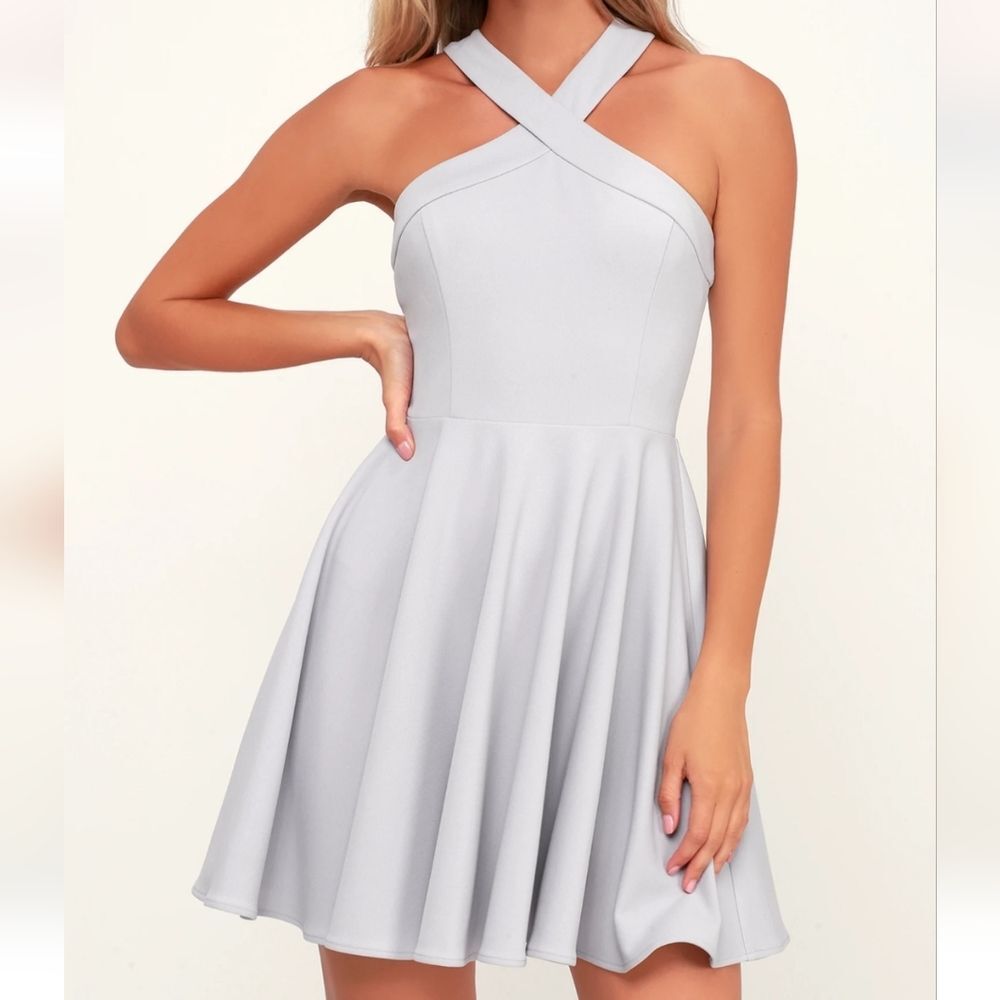 Lulus The Way You Look Tonight Light Grey Halter Skater Dress Small Fit & Flare